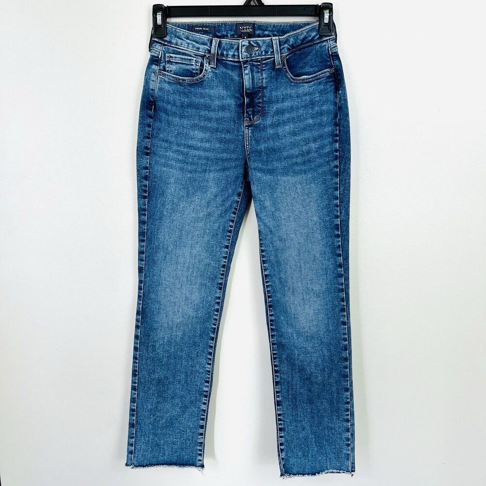 NYDJ Sheri Slim Fit Blue Stretch Straight Leg Raw Hem Jeans Womens Sz 4 Slimming